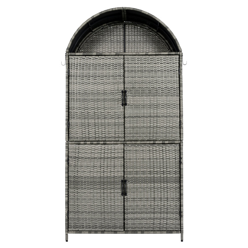 72" Arched Wicker Outdoor Storage Cabinet With Adjustable Shelves & Side Hooks, Gray
