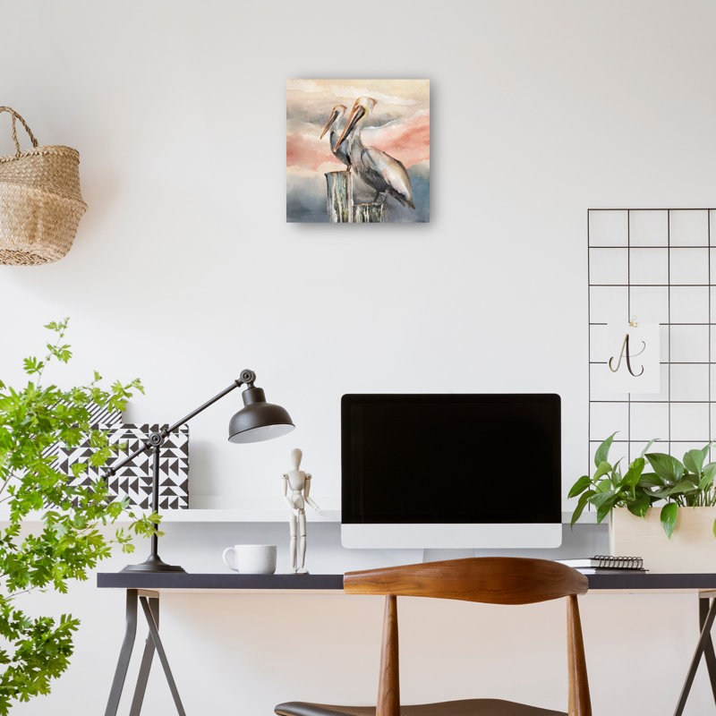 Pelicans at Dusk Large Gray and Pink Canvas Art Print