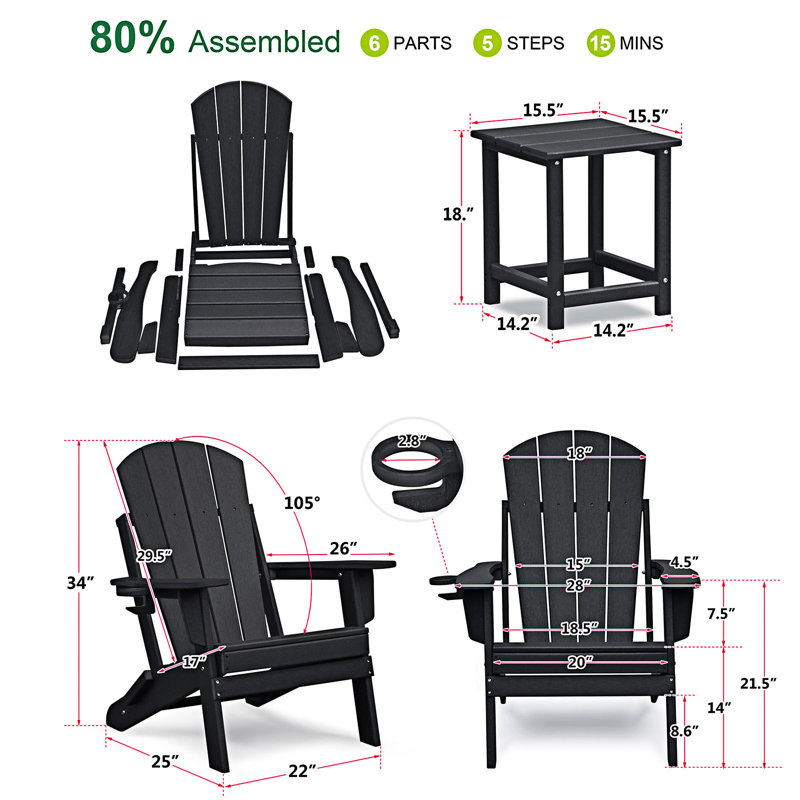 Ensemble de chaises pliantes Adirondack d'extérieur, Noir