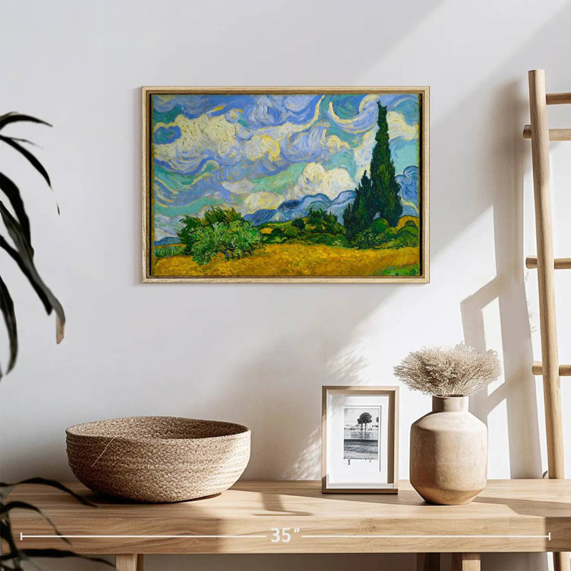 Champ de blé avec cyprès, 19 po x 13 po, Cadre flottant en bois naturel