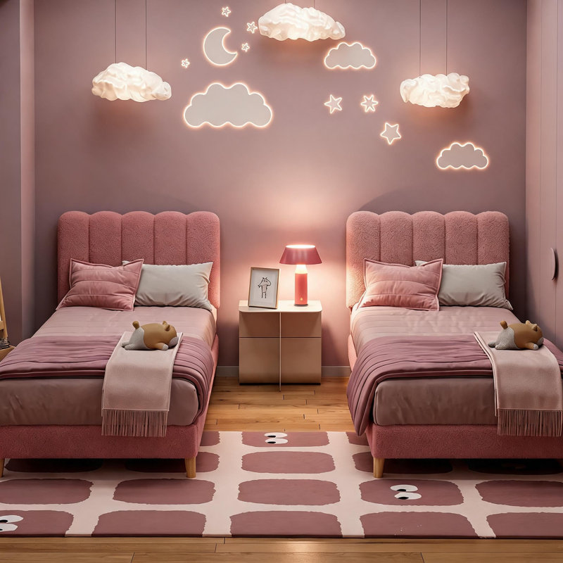 Twin XL Bed Frame, Boucle Upholstered Platform Bed with Wave Headboard for Girls/Kids, No Box Spring Needed, Twin XL, Pink