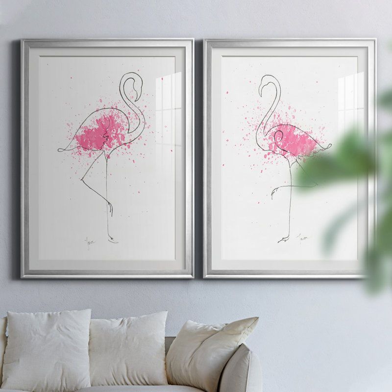Flamingo Splash I - ensemble de 2 reproductions d'art, H 26,5 po x l 73 po x P 1,5 po, Papier avec cadre argenté, Blanc