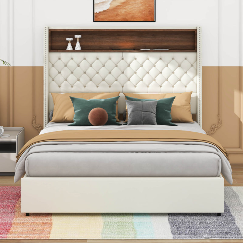 Cadre de lit en velours doux avec veilleuse, tête de lit avec décoration à rivets, Beige, Double