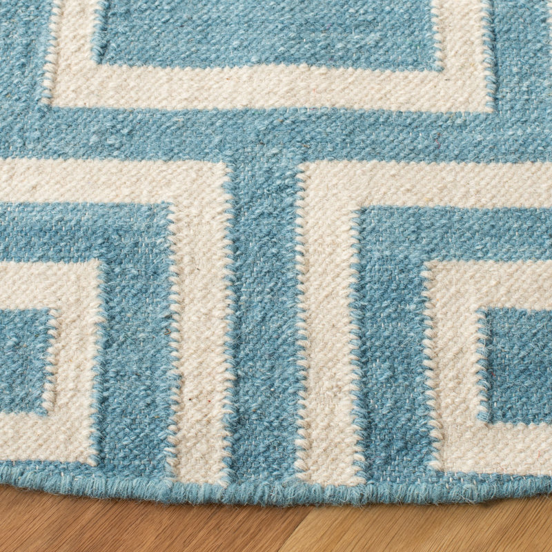 Rodgers Hand Woven Flat Weave Wool/Cotton Geometric Rug in Light Blue, Round 6'