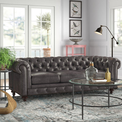 Sirvon 95" Genuine Leather Rolled Arm Chesterfield Sofa