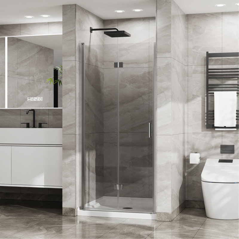 34"X 72" Bifold Frameless Glass Shower Door 1/4 Inch Tempered Clear Glass Pivot Swing Shower Panel, Foldable, Chrome