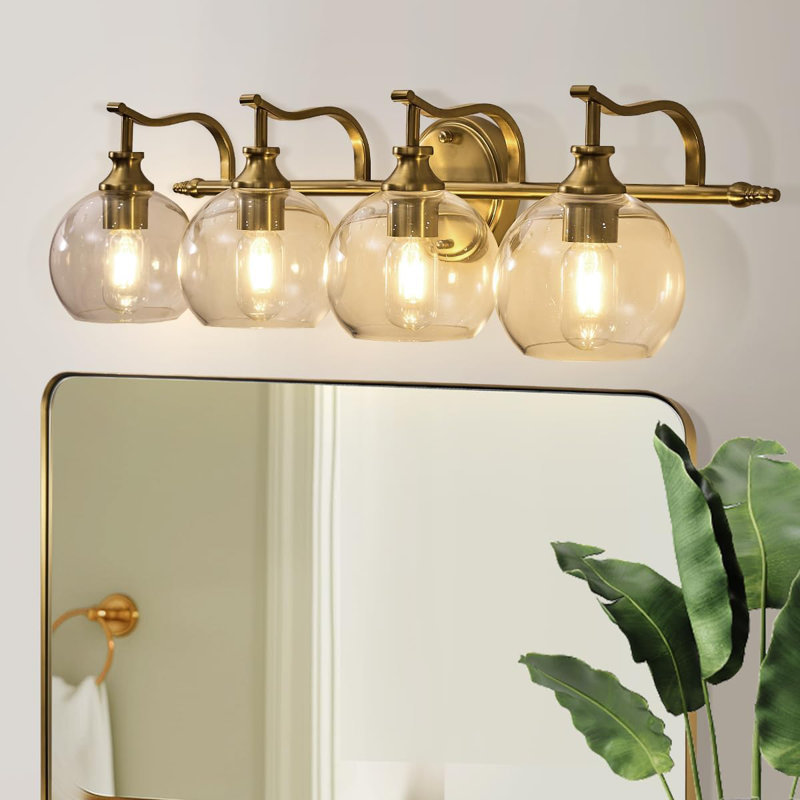 Modern Globe Clear Glass Bathroom Vanity Light Fixture with Metal Gooseneck Frame, 4, Brushed Gold