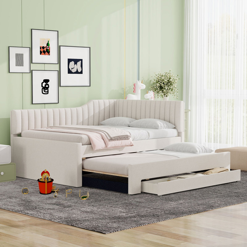 Lit de jour rembourré avec lit gigogne et trois tiroirs, Beige, Lit double