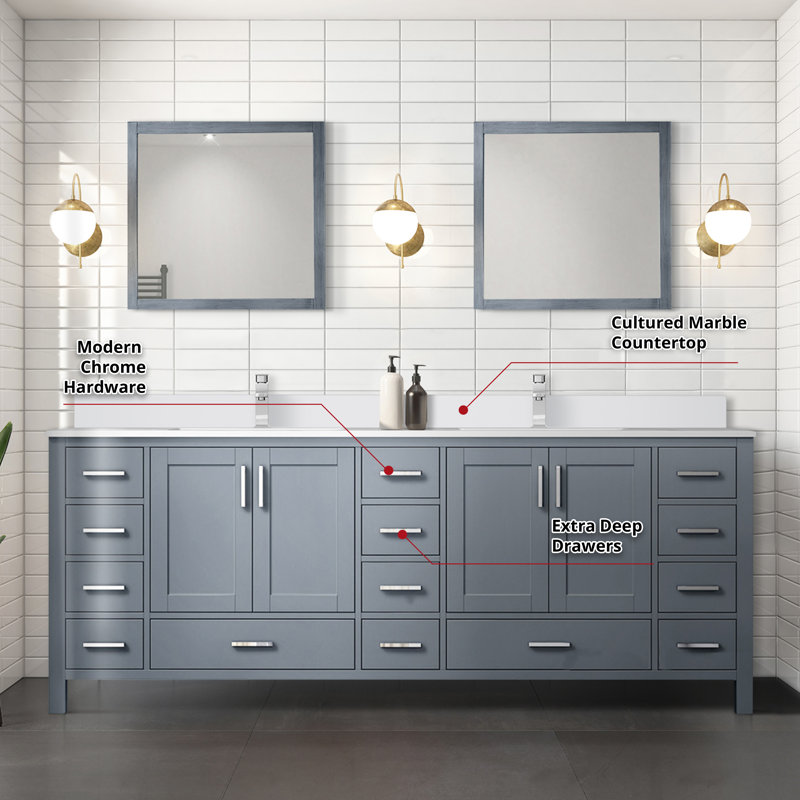 Jacques 84-Inch Dark Grey Double Sink Freestanding Vanity with White Cultured Marble Top