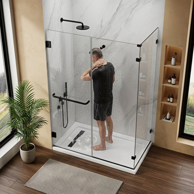 Porte de douche en verre pivotante sans cadre de 60 po x P 32 po x H 74 po, verre trempé transparent de 3/8 po (10 mm), porte de douche pivotante à charnière avec porte-serviettes et crochet, revêtement double face, noir