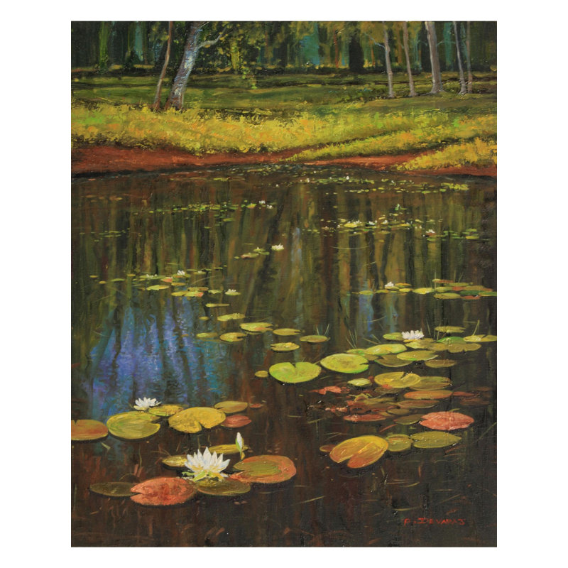 Bord de l'étang de lotus | Huile sur toile pour décoration murale | Par Devraj
