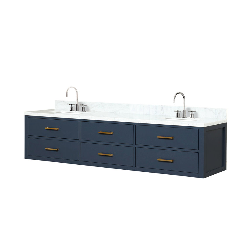 Meuble-lavabo double 80 po avec comptoir en marbre et robinets Blue, cadre en bois massif, panneaux l 80 po x P 22 po