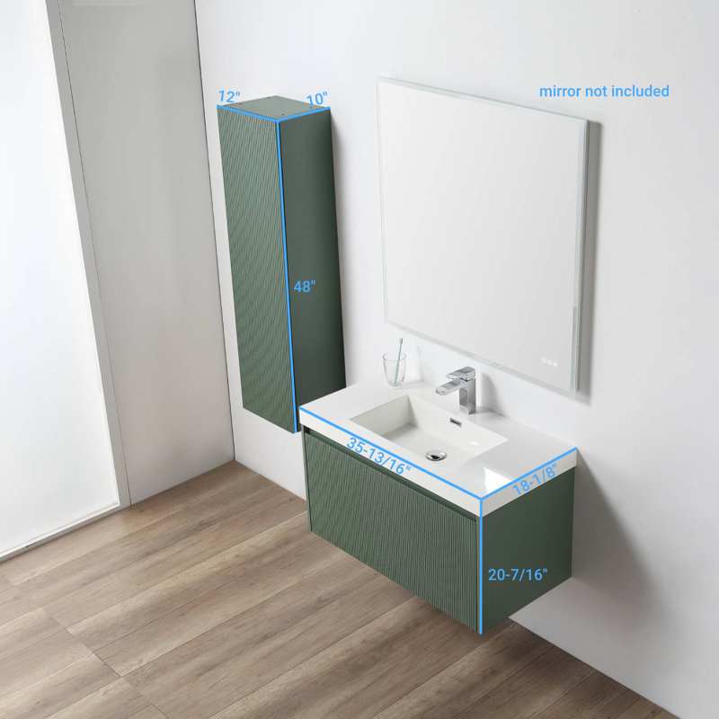 Meuble-lavabo mural 36 po avec lavabo en acrylique et armoire latérale Hisaw - devant cannelé, tiroirs à fermeture en douceur Hisaw