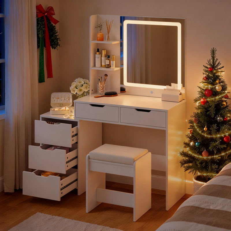 Bureau de meuble-lavabo l 31,5 po Mohibullah avec miroir lumineux de L 25,5 po, 5 tiroirs et 3 tablettes, taille réglable.
