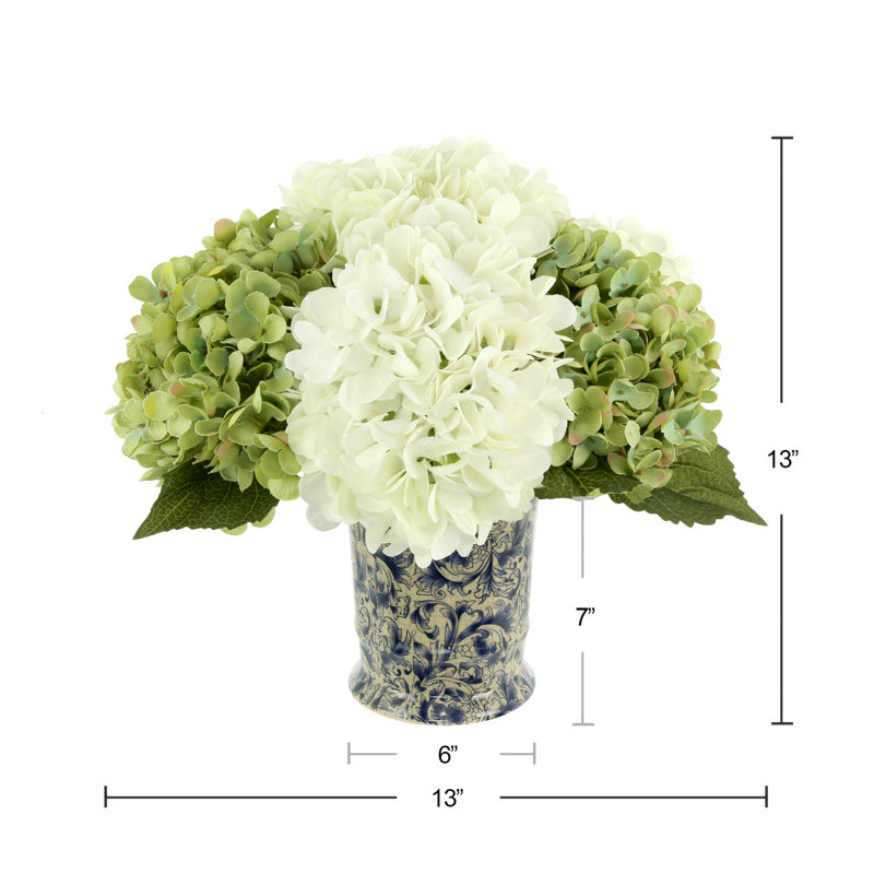Hydrangea Arrangment In A Chinoiserie Vase, Green/Cream