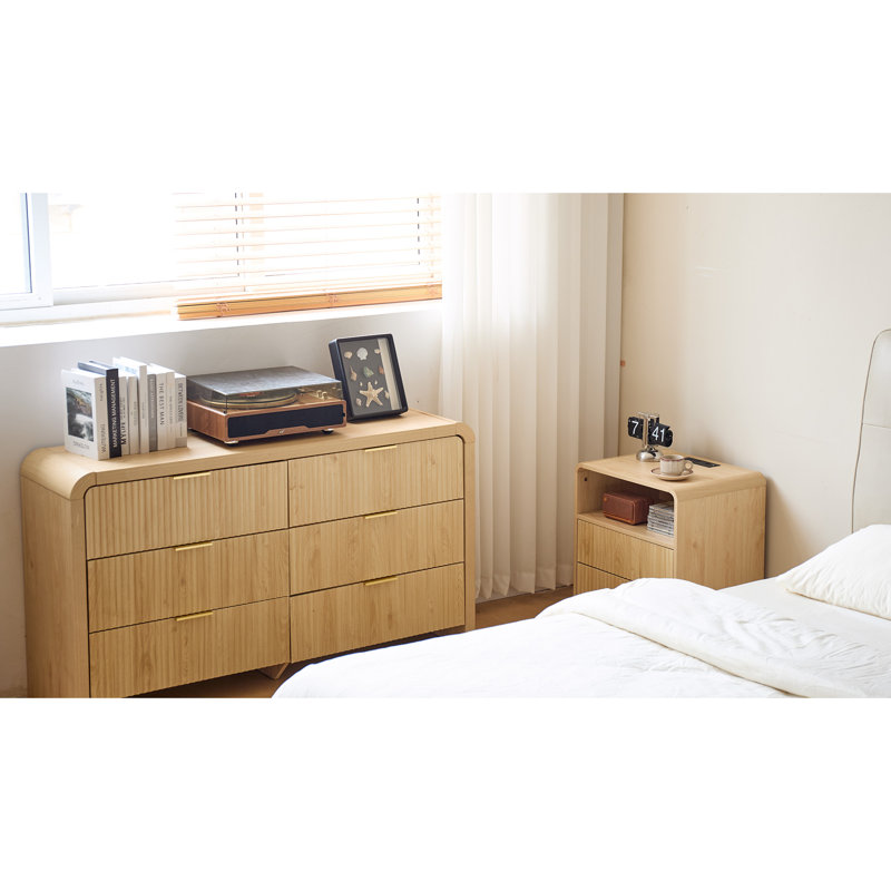 Ensemble de chambre à coucher 3 pièces Boho, commode cannelée 6 tiroirs 55 po et table de chevet courbée, mobilier de chambre en bois