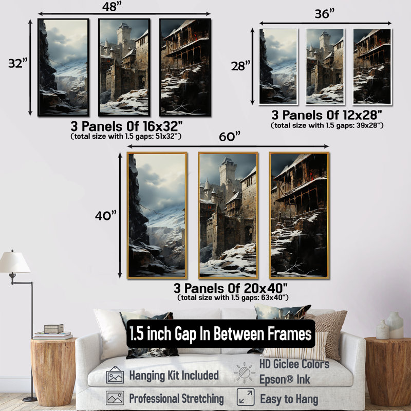 Art mural château médiéval en charme d'hiver IV - Châteaux, H 28 po x l 36 po, Cadre flottant noir