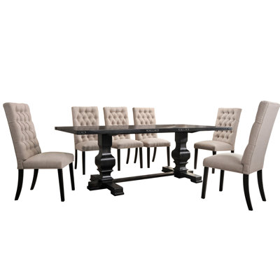 Vintage Black Dining Room Ensemble (7 Pcs) - Rectangular Table With Base Side Chairs Elegant Tufting Linen Fabric 40"d X 88"w 30"h 23"d 19"w 43"h 7 Pcs Setup Double Pedestals Button Upholstered Seats