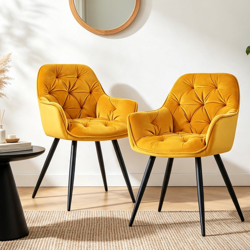 Modern Velvet Tufted Luxury Upholstered Dining Chair Runge 50cm H, Yellow