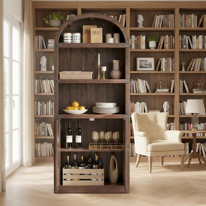 Bookcase 5 Shelf Arched Bookshelf 71.65in Tall Bookcase Farmhouse Display Storage Rack Wooden Bookshelves for Home Office, Living Room