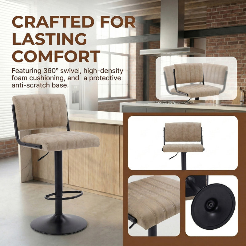 Adjustable PU Leather Swivel Bar Stools (Set of 4, BEIGE), BEIGE