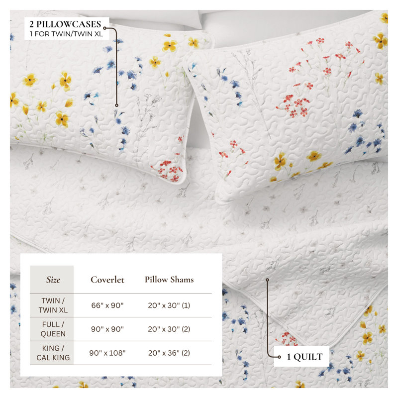 Bright & Colorful Tiny Floral Quilt Set with Shams, Full / Queen Quilt + 2 Shams