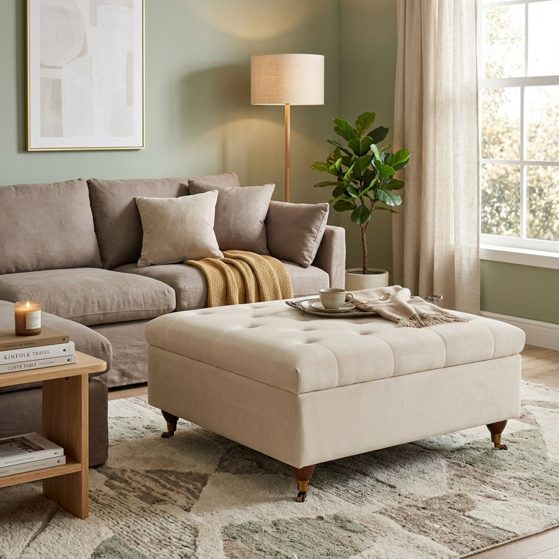 Agoura 93cm Wide Velvet Tufted Square Ottoman with Storage, Ivory