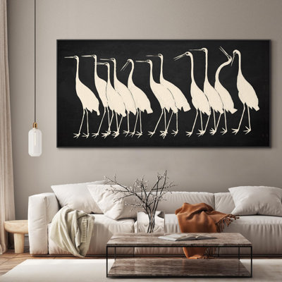 Extra Large Wall Art Fabric Print - Modern Minimalist Beige Cranes on Dark Background Artwork Decor for Living Room or Bedroom - "Frame Assembly Required (Unfinished Frame)"