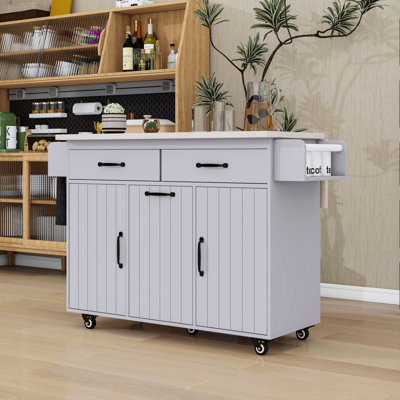 Îlot de cuisine roulant avec abattant, armoire à poubelle basculante, tiroirs, tablettes et barre à serviettes
