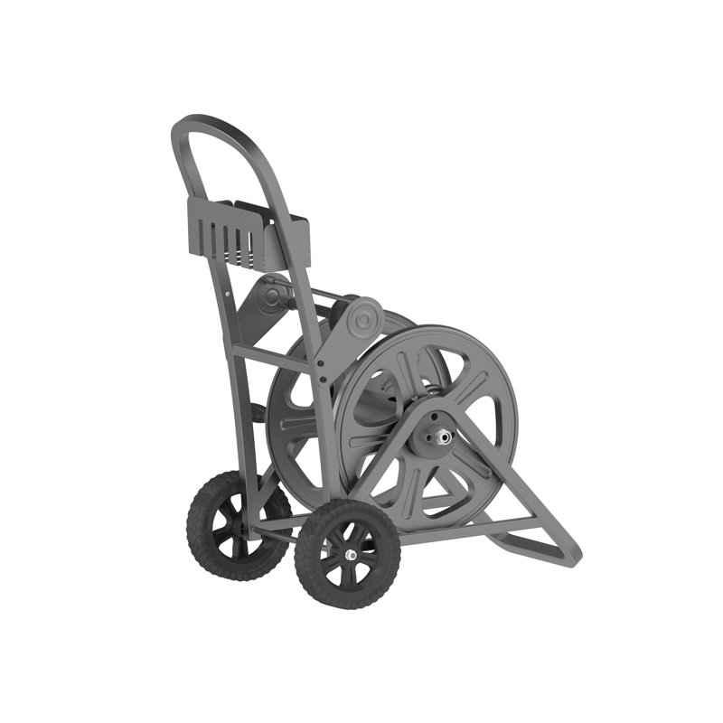 Gray Steel Mobile Garden Hose Cart with Basket