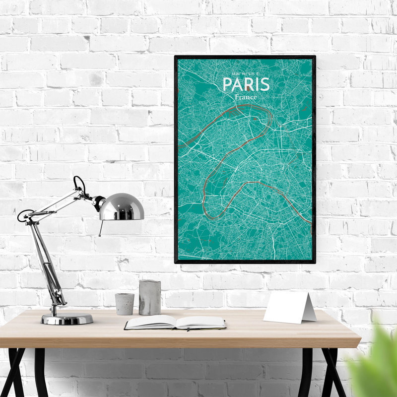 Carte de Paris, impression nautique, H 36 po x l 24 po x P 0,05 po, Vert / Brun