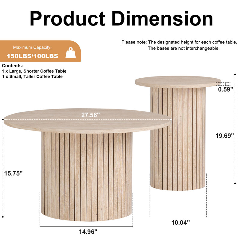 Ensemble de tables basses rondes modernes 2 pièces, cylindre Groove Line 27,6 "/ 15,7", Pierre beige