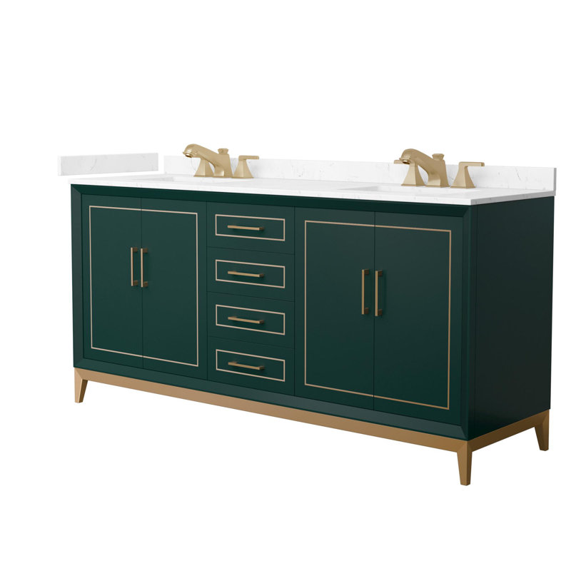 Meuble-lavabo double autoportant de 72 po avec plateau en marbre Marlena, Vert, Bronze satiné