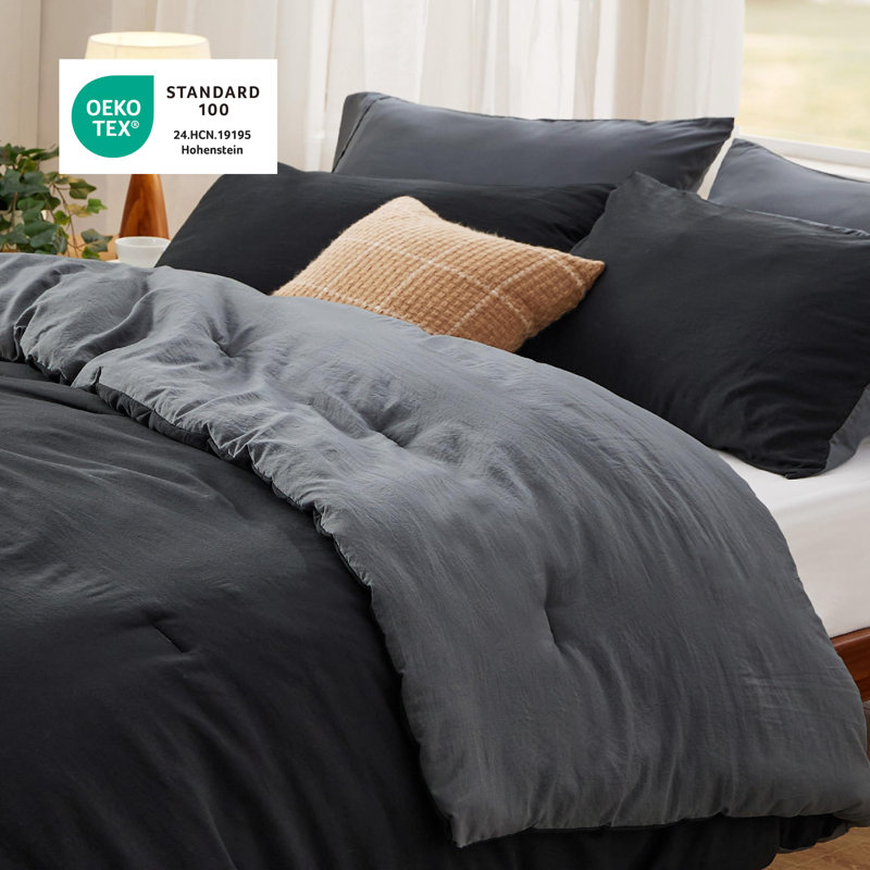 Bedsure Reversible Prewashed Comforter Set, King Comforter + 2 Standard Pillowcases, Black/Grey