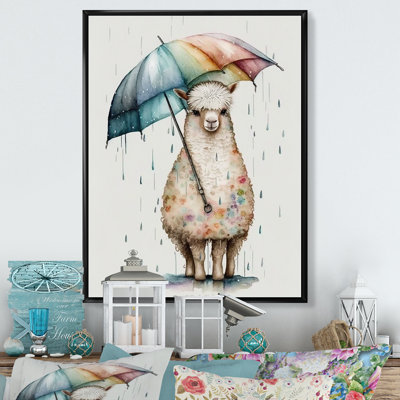 Mignon Liama avec parapluie, jour de pluie - lama animaux, impression sur toile
