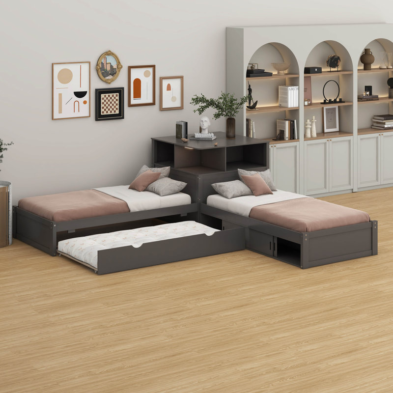 Lit plateforme simple en L avec armoires de rangement, bureau, lit gigogne et lumière DEL, Gris