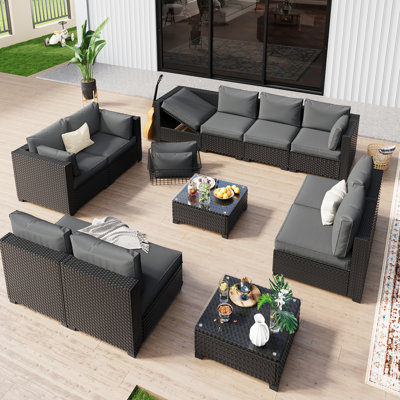 𝗣𝗿𝗲- 𝗮𝘀𝘀𝗲𝗺𝗯𝗹𝗲𝗱 𝗖𝗵𝗮𝗶𝗿𝘀, 10-Person Patio Furniture Set Rattan Modular Conversation Sets Outdoor Seating Sofa Group With Extra Blue Cushion Covers