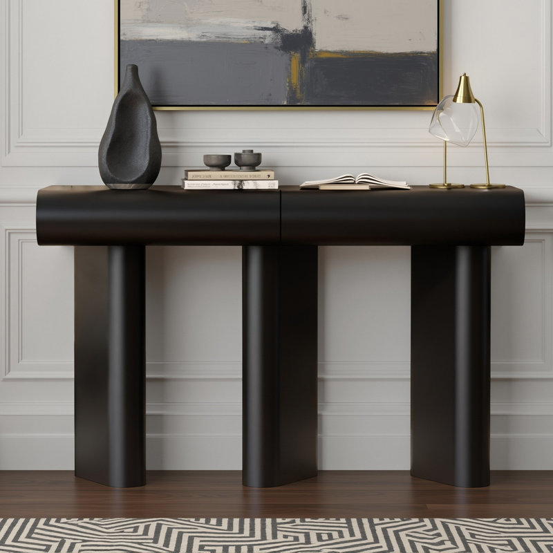 Console étroite 47,6 po avec 2 tiroirs, table d'entrée moderne avec finition ultrabrillante pour petits espaces, Noir