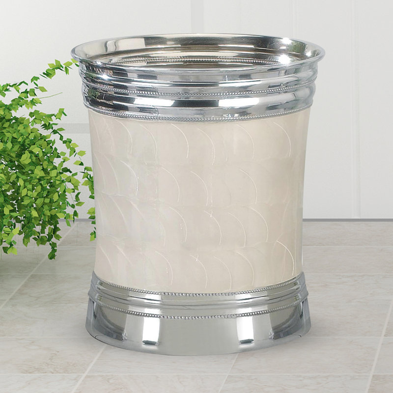 Polished Silver and Enamel Round Bathroom Wastebasket