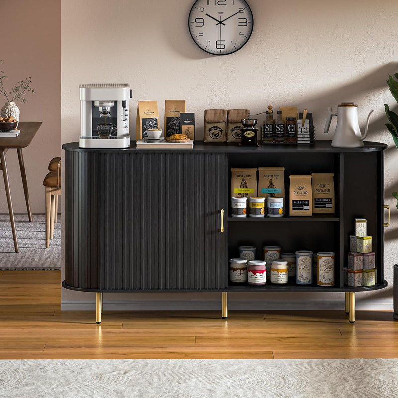 55" Wood Buffet Sideboard Cabinet With Storage, Mid-century Modern Coffee Bar Cabinet With Sliding Doors & Shelves, Accent Credenza Console Table For Kitchen, Dining Room, Entryway (black)