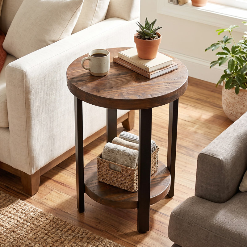 20" Round Solid Pine End Table with Open Shelf