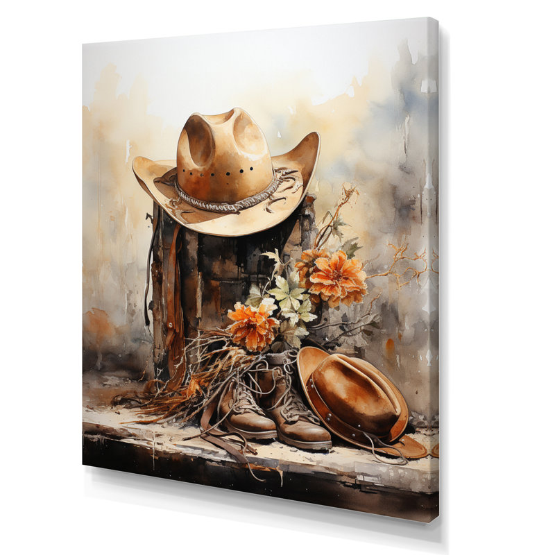 Yerly minimalisme, chapeau de cowboy et botte II - Cowboys, art mural, H 44 po x l 34 po x P 1,5 po, Toile tendue