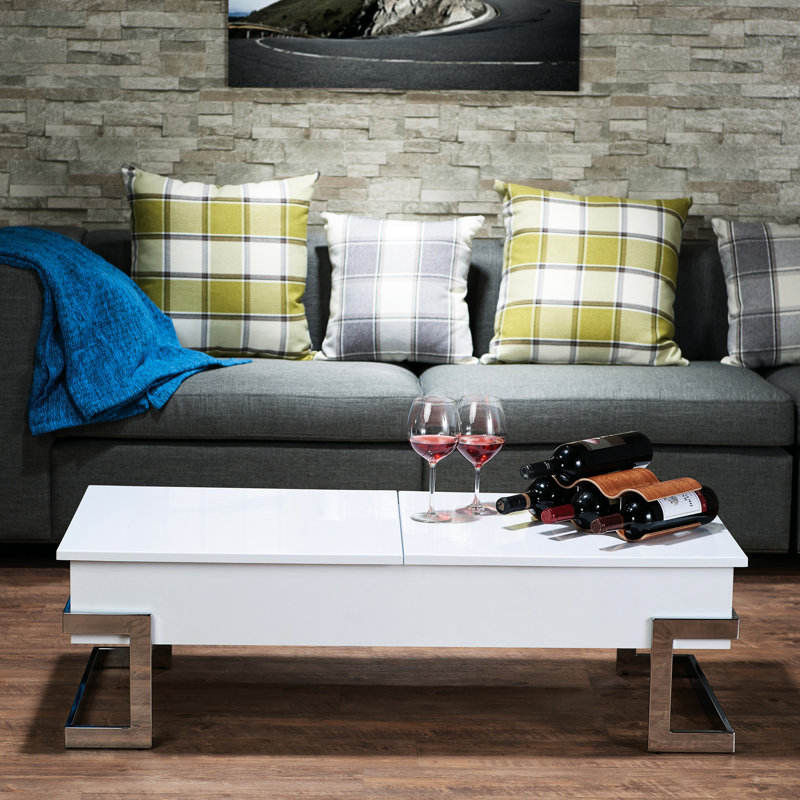 Table basse à finition chromée avec plateau relevable Calmam, Blanc ultrabrillant