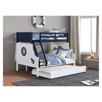 Lit superposé simple au-dessus d'un lit double avec échelle attachée, bleu et blanc