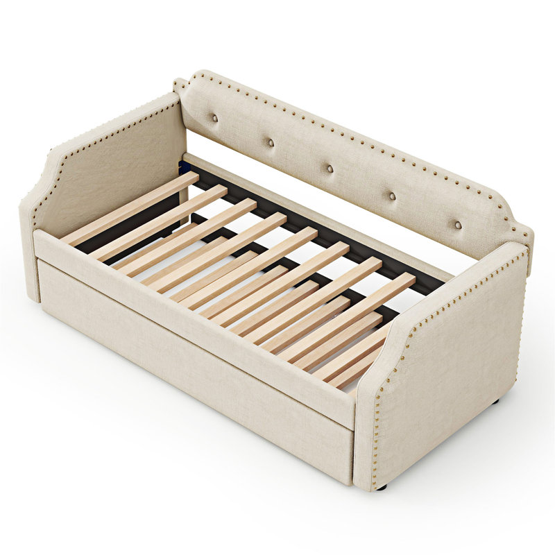 Upholstered Daybed Sofa Bed with Trundle, Beige