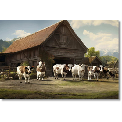 «Rustic Farm with Cows», art mural en verre trempé sans cadre - 40 po x 60 po