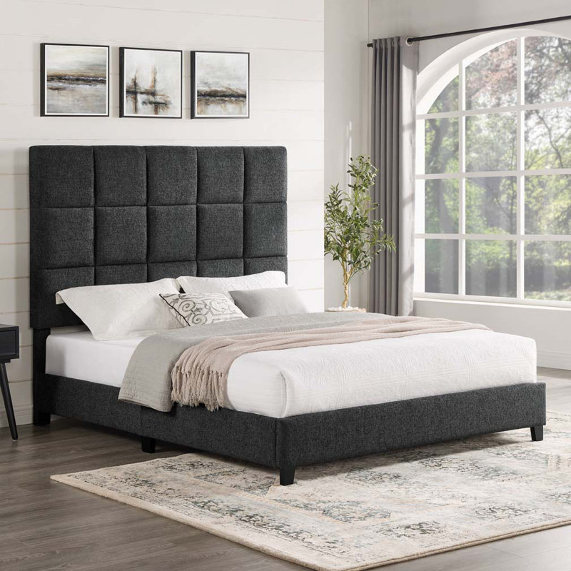 Boucle Upholstered Platform Bed, Grey, Queen