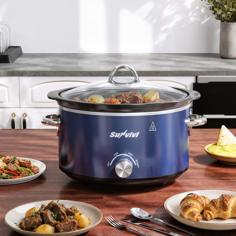 4 Quart Slow Cooker, Small Slow Cooker With 3 Cooking Settings, Dishwasher-safe Ceramic Pot, Glass Lid, Blue