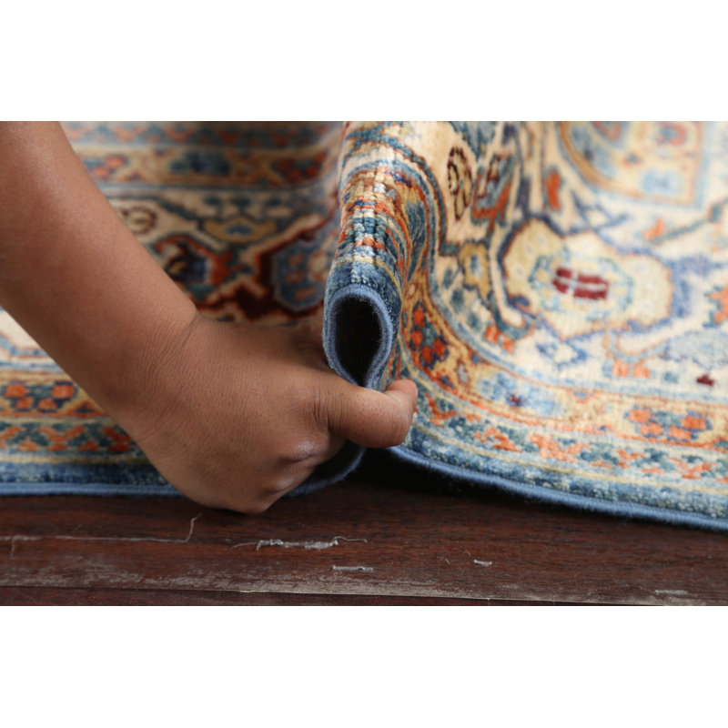 Tapis bleu en laine noué à la main de conception unique 5 pi 11 po x 8 pi 11 po Evey