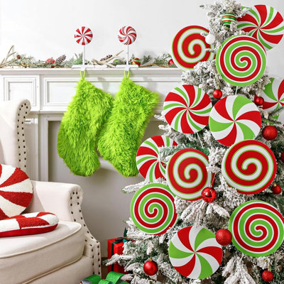 Christmas Decorations Indoor Tree Picks: 12 Pcs Large Red Green Peppermint Christmas Ornaments, Cute Green Lollipop Candy Picks Ornaments For Xmas Tree Topper, Home Office Holiday Party Vase Décor
